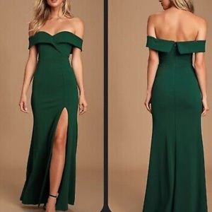 Lulu's Green Off-Shoulder Slit Gown for Weddings